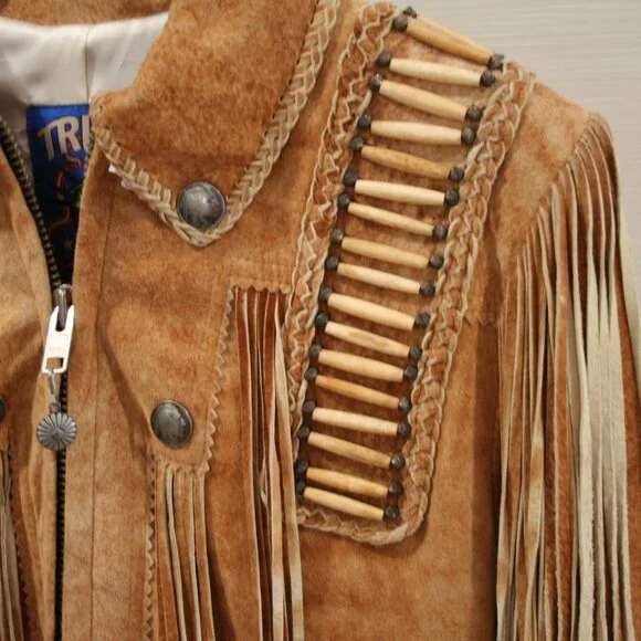 Tribe America Tan Genuine Suede Leather, Fringe along the yoke and sleeves Sz 10 - Picture 4 of 14